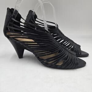 LEVITY Peep-toe Caged Black Leather Strappy Heels Size 9.5 Cone Heel Sexy